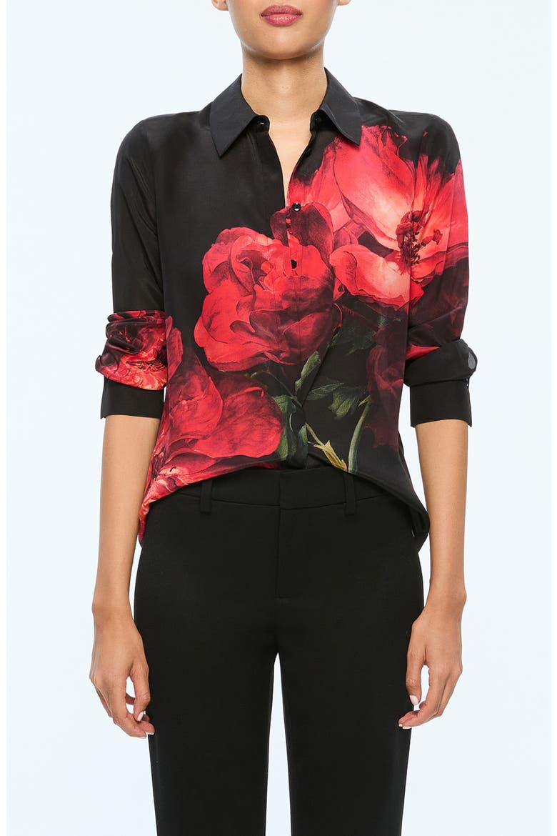 Brady Floral Slim Fit Silk Button-Up Shirt, Main, color, PEONY PETALS BRIGHT RUBY
