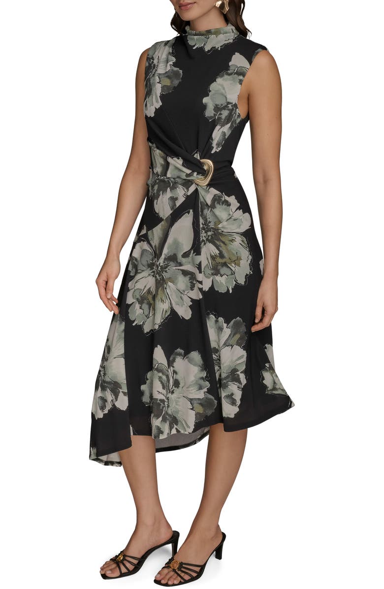 Donna Karan New York Floral Side Ruched Asymmetric Hem Dress, Alternate, color, Black Multi