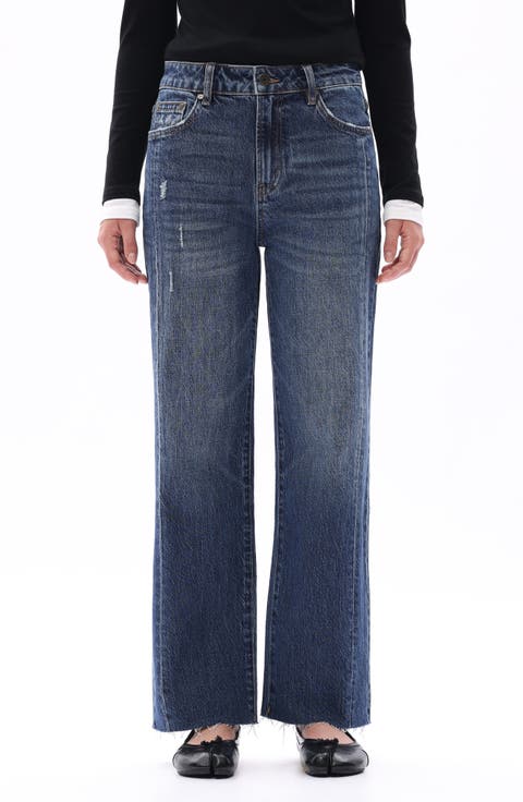 High Waist Relaxed Raw Hem Straight Leg Jeans