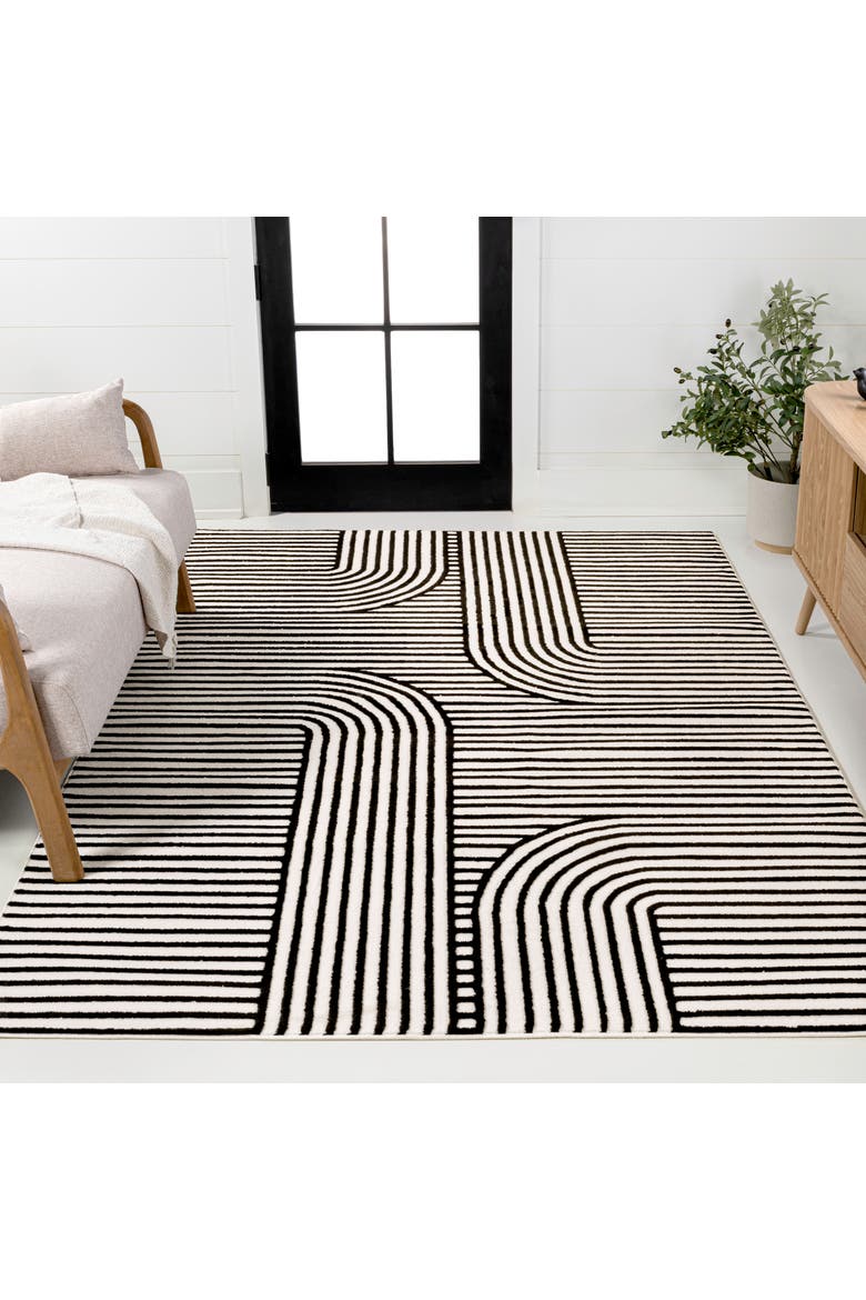Anders High-Low MidCentury Modern Arch Stripe Two-Tone Indoor/Outdoor Area Rug, Alternate, color, Black/White