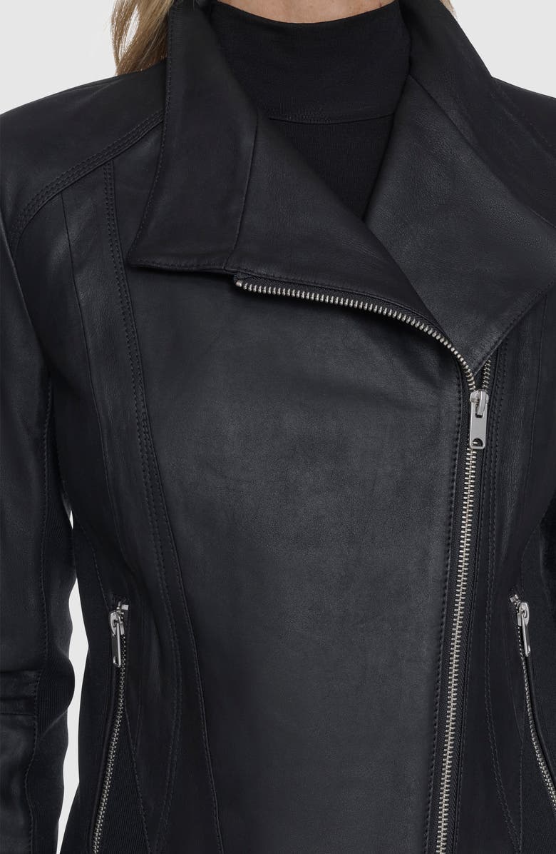 Andrew Marc Felix Leather Moto Jacket with Knit Panels, Alternate, color, Black