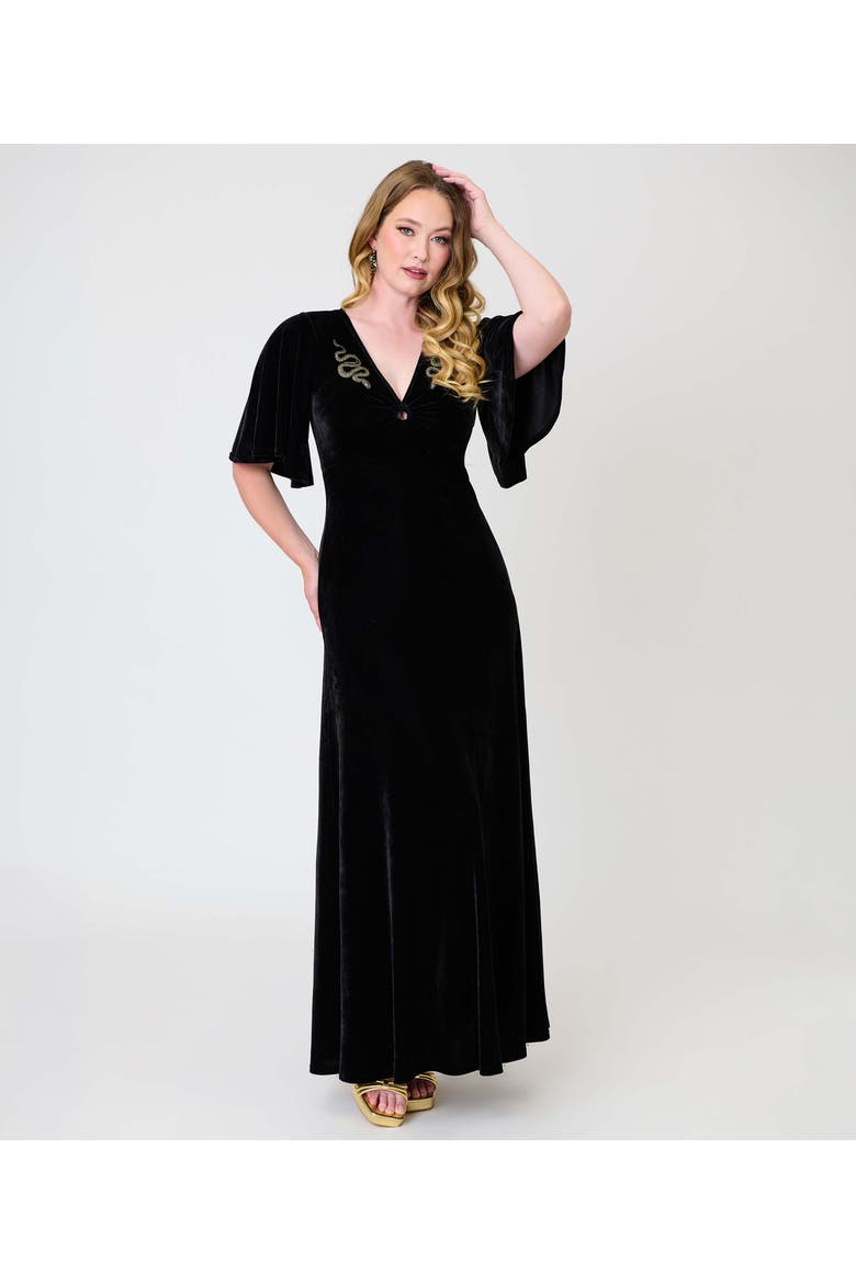 Cut Out Knit Maxi Dress, Alternate, color, Black w/ Snake Embroidered