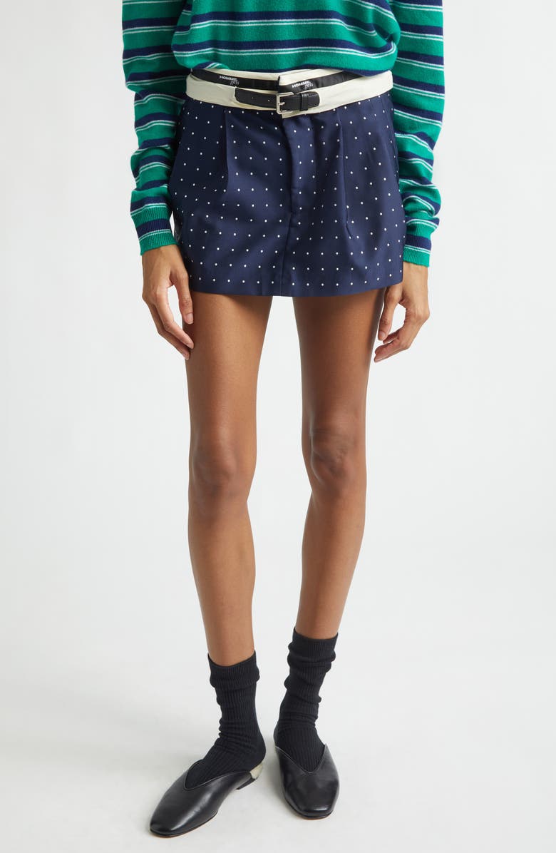 Hommegirls Polka Dot Belted Flip Waist Pleated Miniskirt, Main, color, Navy Polka Dot