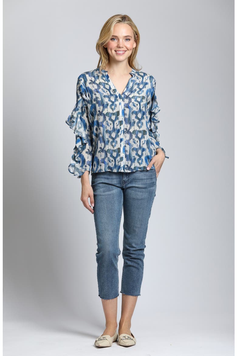 Mixed Print Ruffle Sleeve Button-Up Shirt, Alternate, color, BLUE MULTI