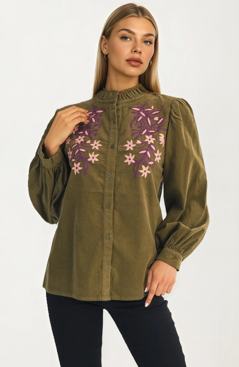 Embroidered Floral Button Front Long Sleeve Blouse