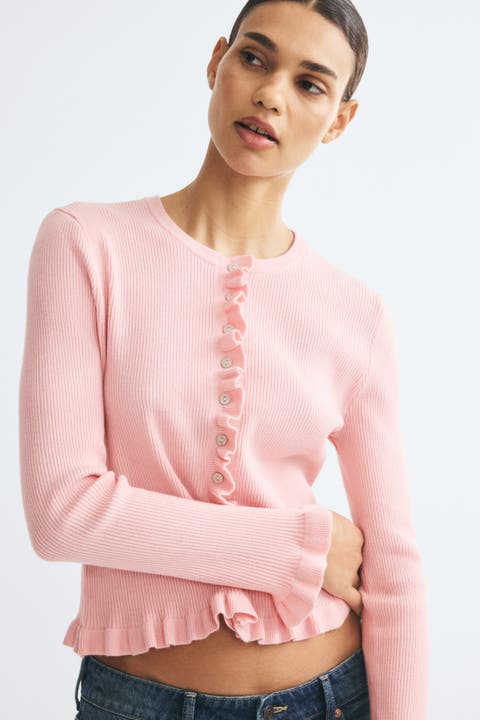 Ruffled Rib-Knit Cardigan