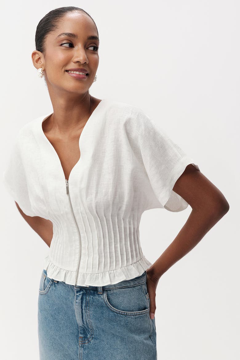 Cherelle Pleated Detail Linen Blouse, Alternate, color, White