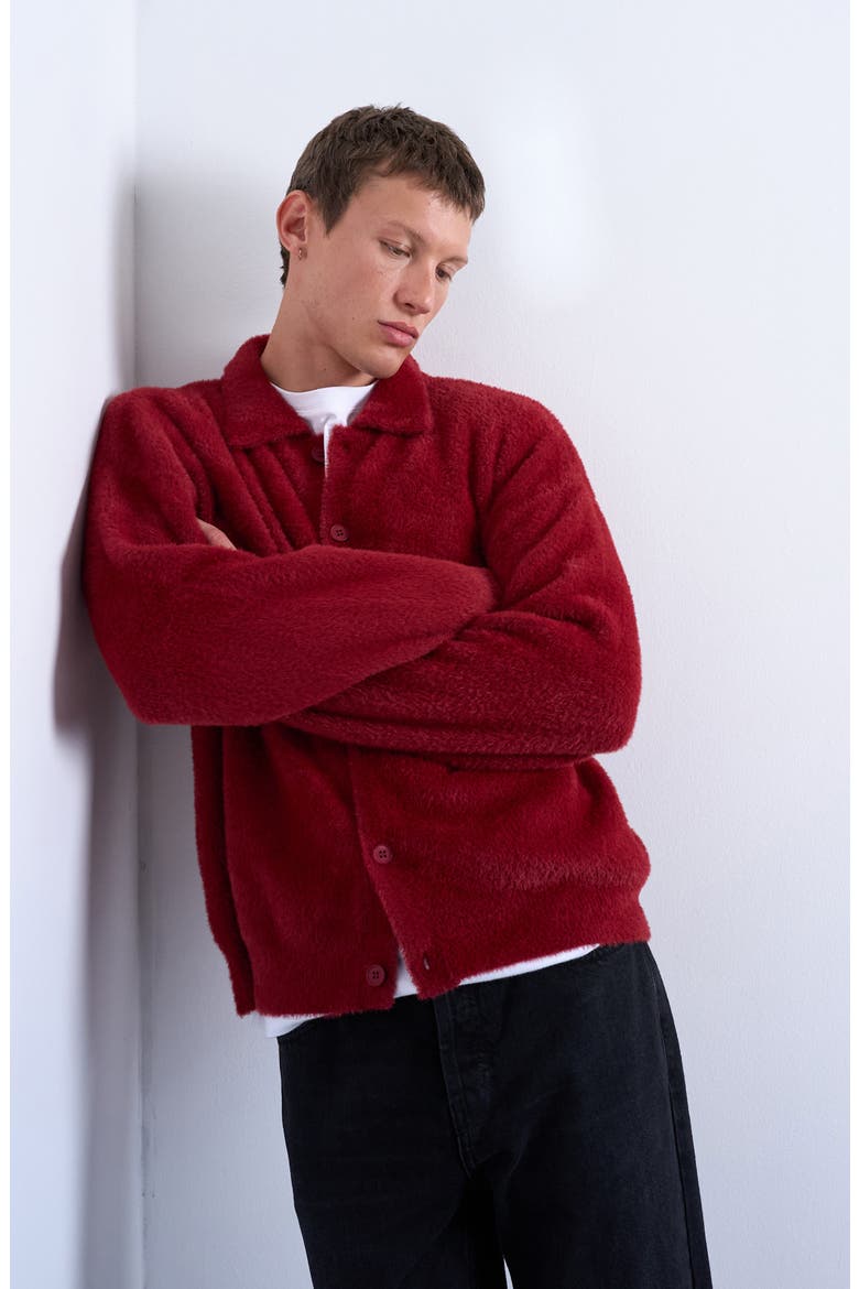 Fluffy Collared Cardigan, Alternate, color, BURGUNDY