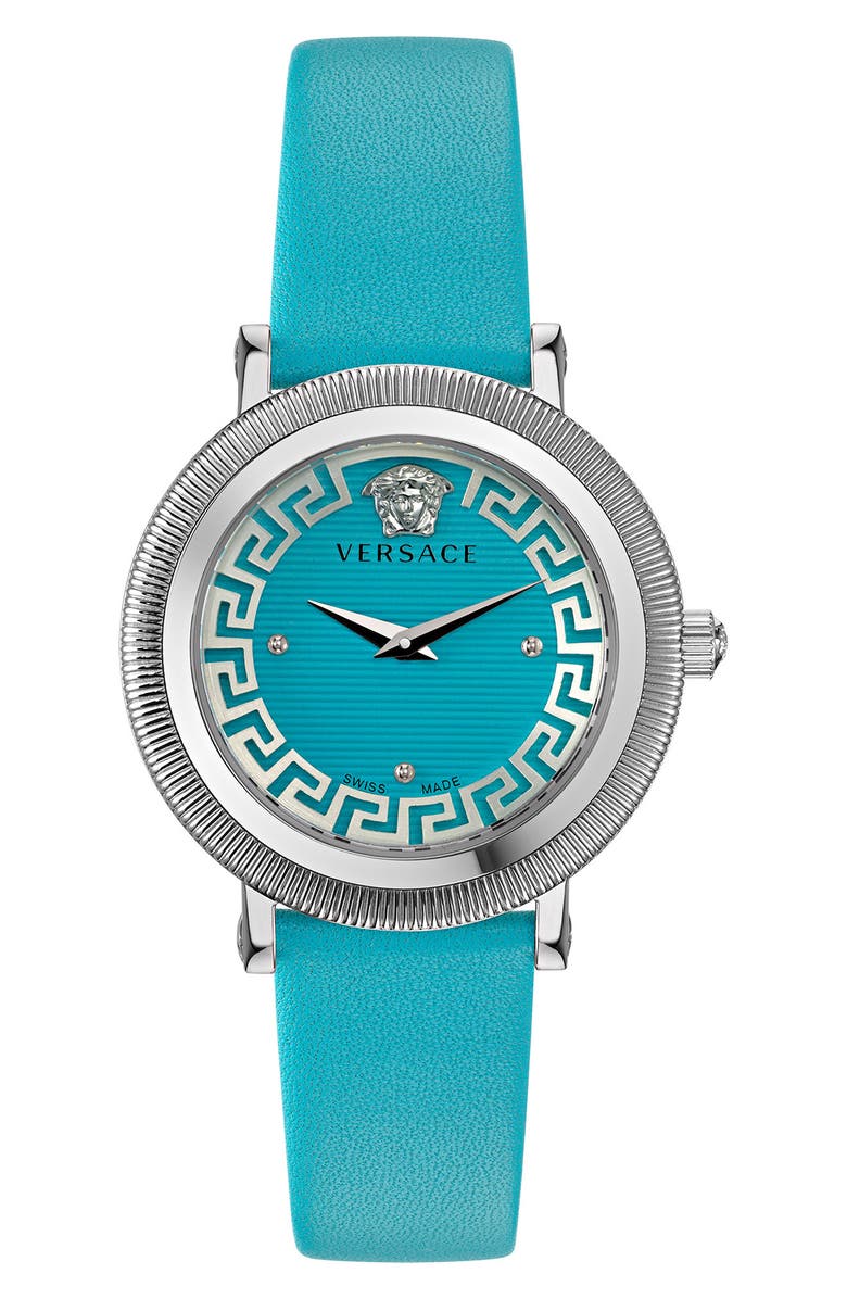 Versace Swiss Quartz Leather Strap Watch, 35mm, Main, color, Stainless Steel