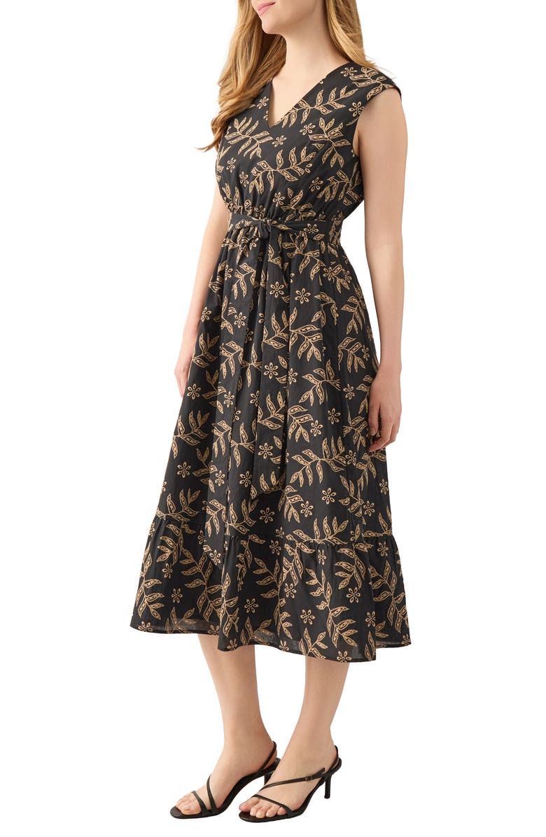 KASPER Floral Embroidered Cotton Midi Dress, Alternate, color, Black/ Neutral