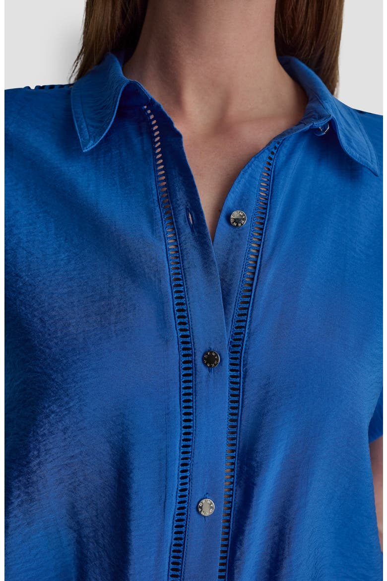 Ladder Lace Detail Short Sleeve Button-Up Shirt, Alternate, color, COBALT