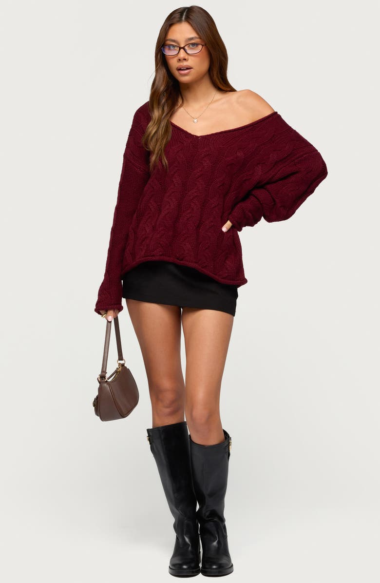 EDIKTED Inga Oversize V-Neck Cable Sweater, Alternate, color, Burgundy