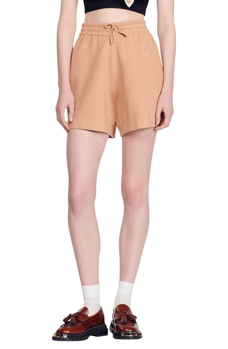 SANDRO Floride High Waist Woven Drawstring Shorts, Main, color, Powder