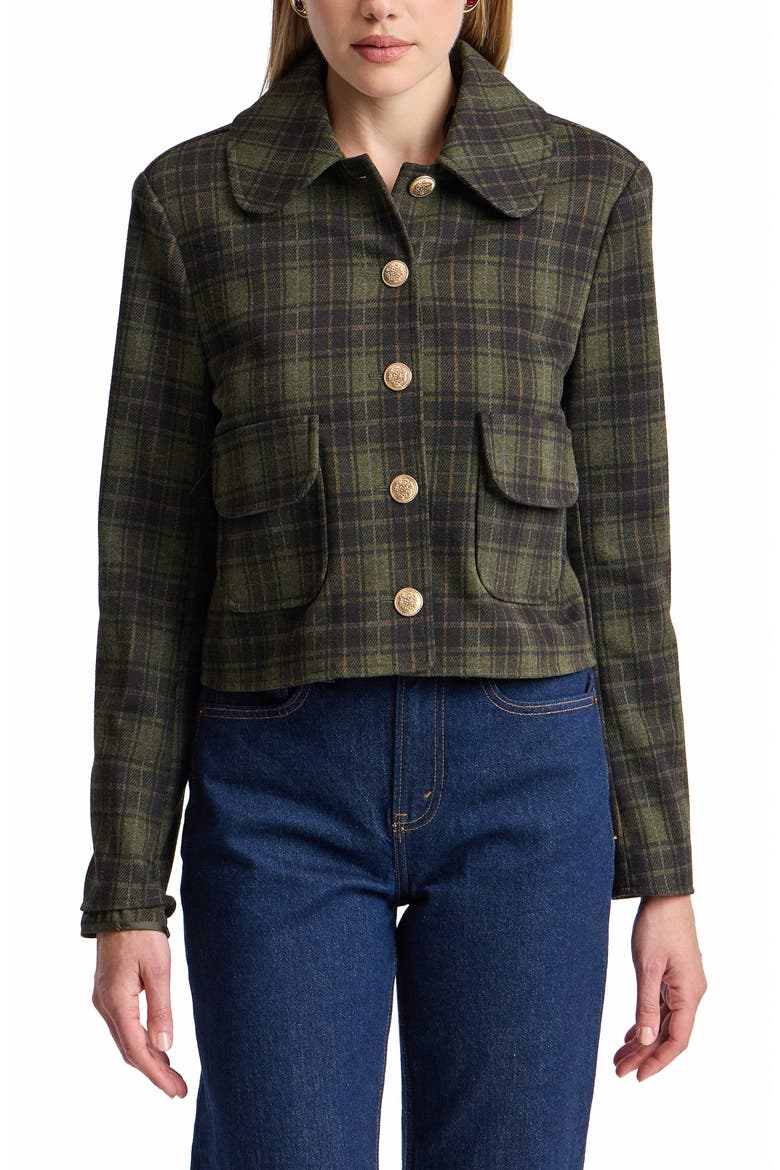 Plaid Cropped Jacket, Main, color, GREEN PLAID