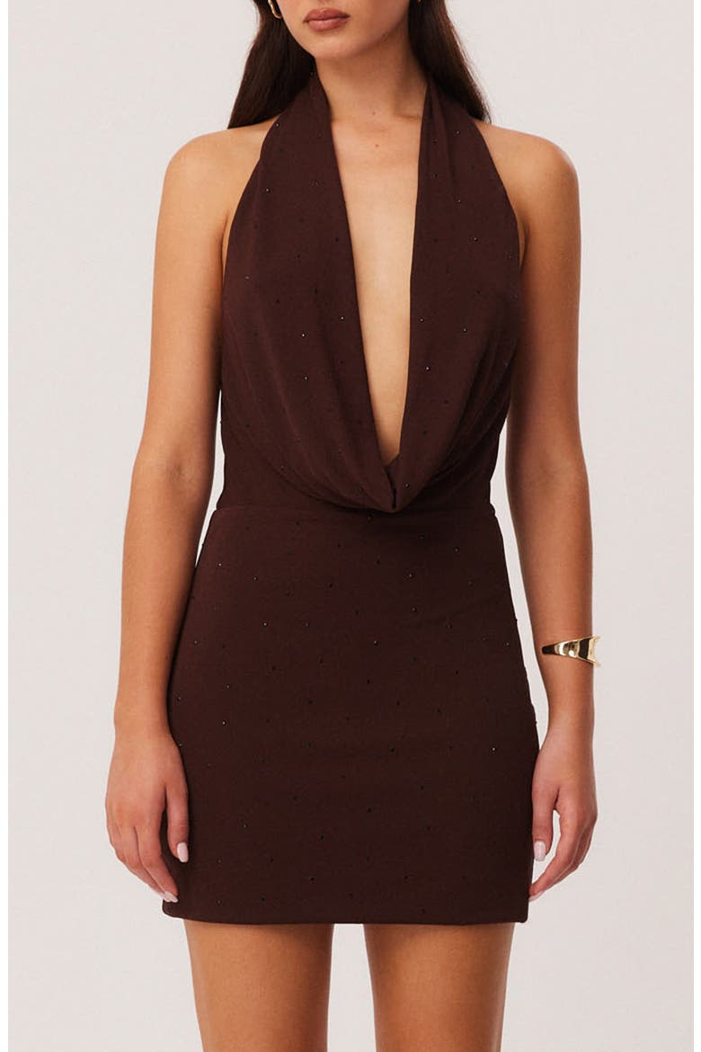 Rhonda Diamante Halter Minidress, Alternate, color, CHOCOLATE