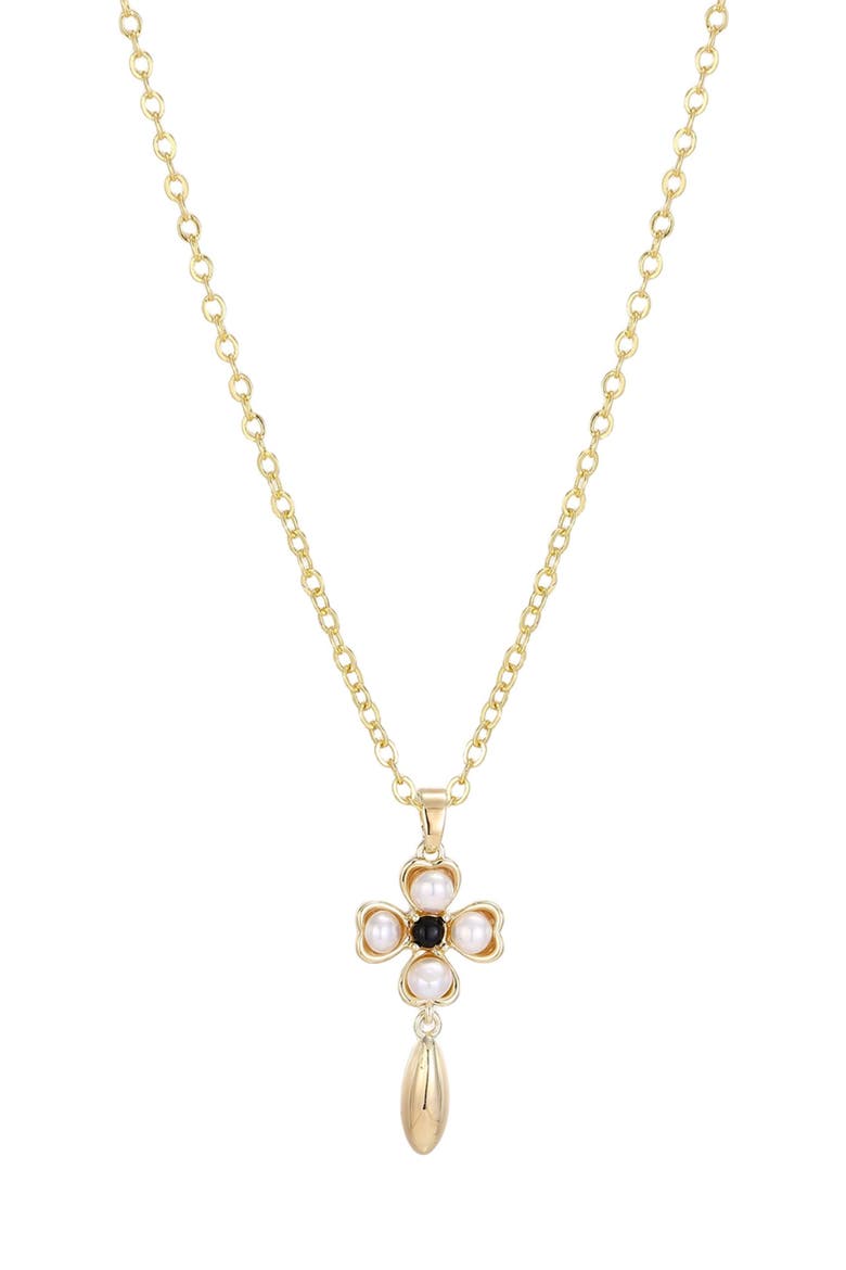 14K Gold Plated Freshwater Pearl & Onyx Clover Pendant Necklace, Main, color, WHITE/ GOLD