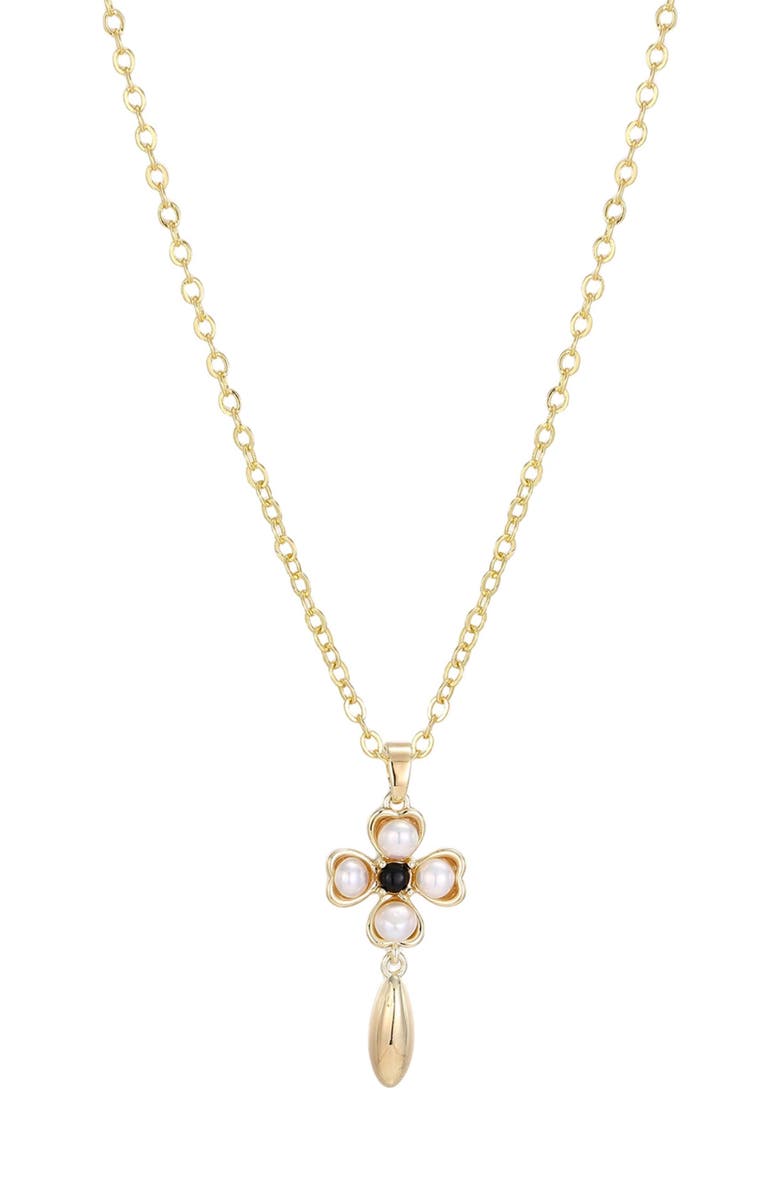 Adornia 14K Gold Plated Freshwater Pearl & Onyx Clover Pendant Necklace, Main, color, White/ Gold