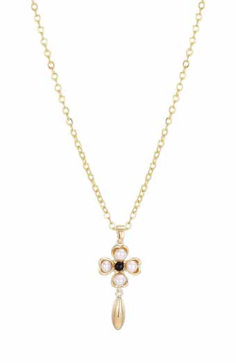 14K Gold Plated Freshwater Pearl & Onyx Clover Pendant Necklace