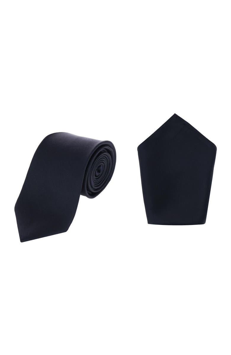 Trafalgar Sutton Solid Color Silk Necktie and Pocket Square Combo, Main, color, Black