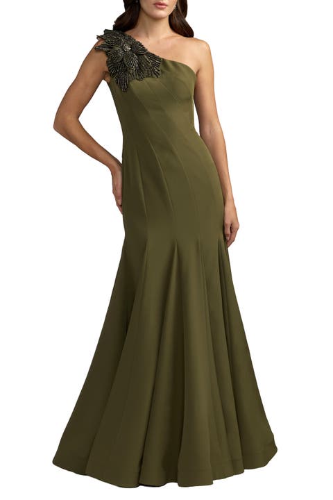 Petite Crepe One Shoulder Flower Detail Gown