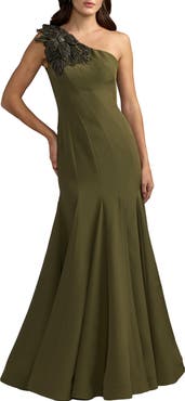 Mac Duggal Petite Crepe One Shoulder Flower Detail Gown