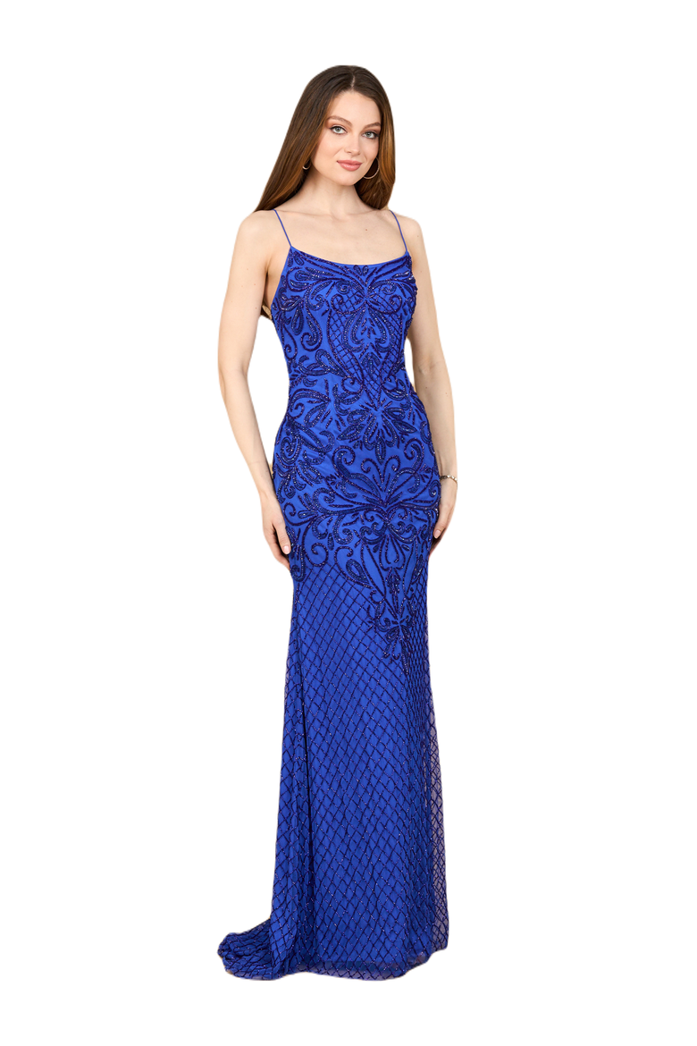 Lace Up Open Back Beaded Dress, Alternate, color, Blue