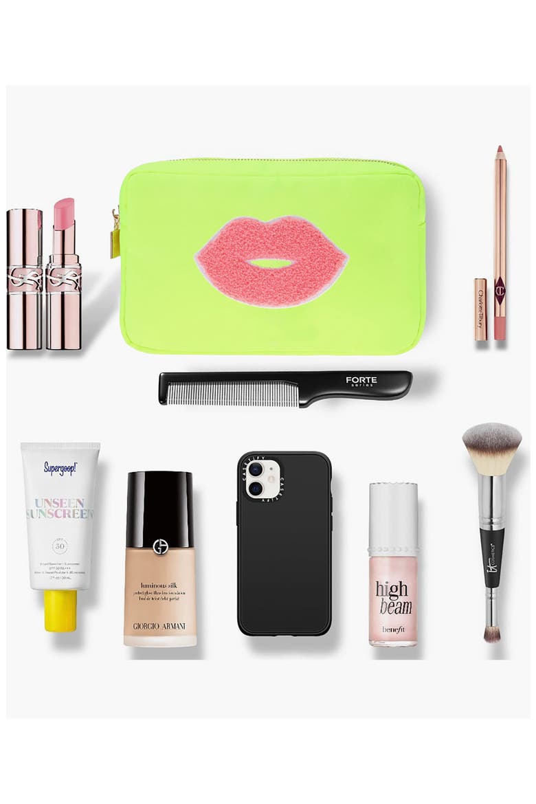 Medium Kiss Cosmetic Bag, Alternate, color, NEON YELLOW