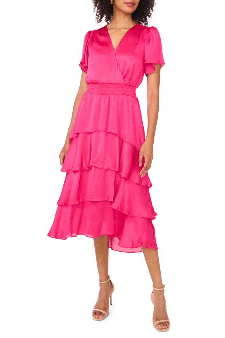 Flutter Sleeve Tiered Midi Dress, Main, color, BEETROOT PINK