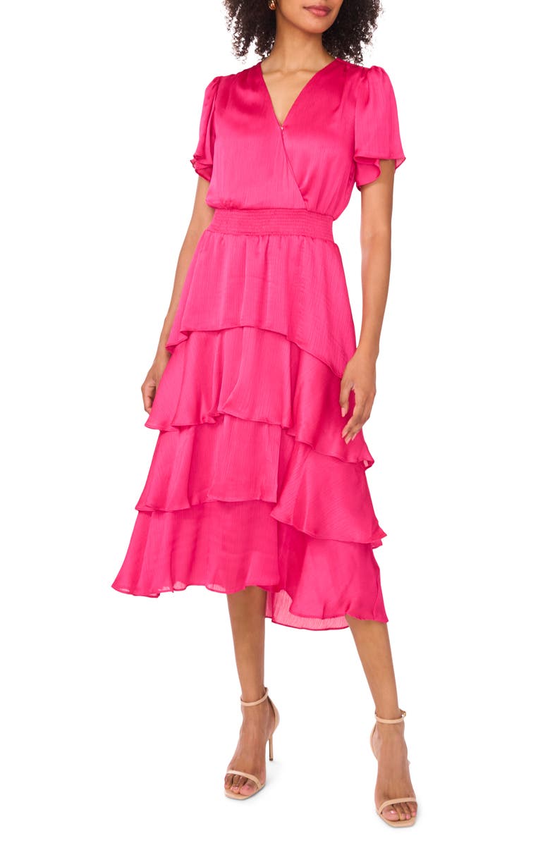 Vince Camuto Flutter Sleeve Tiered Midi Dress, Main, color, Beetroot Pink