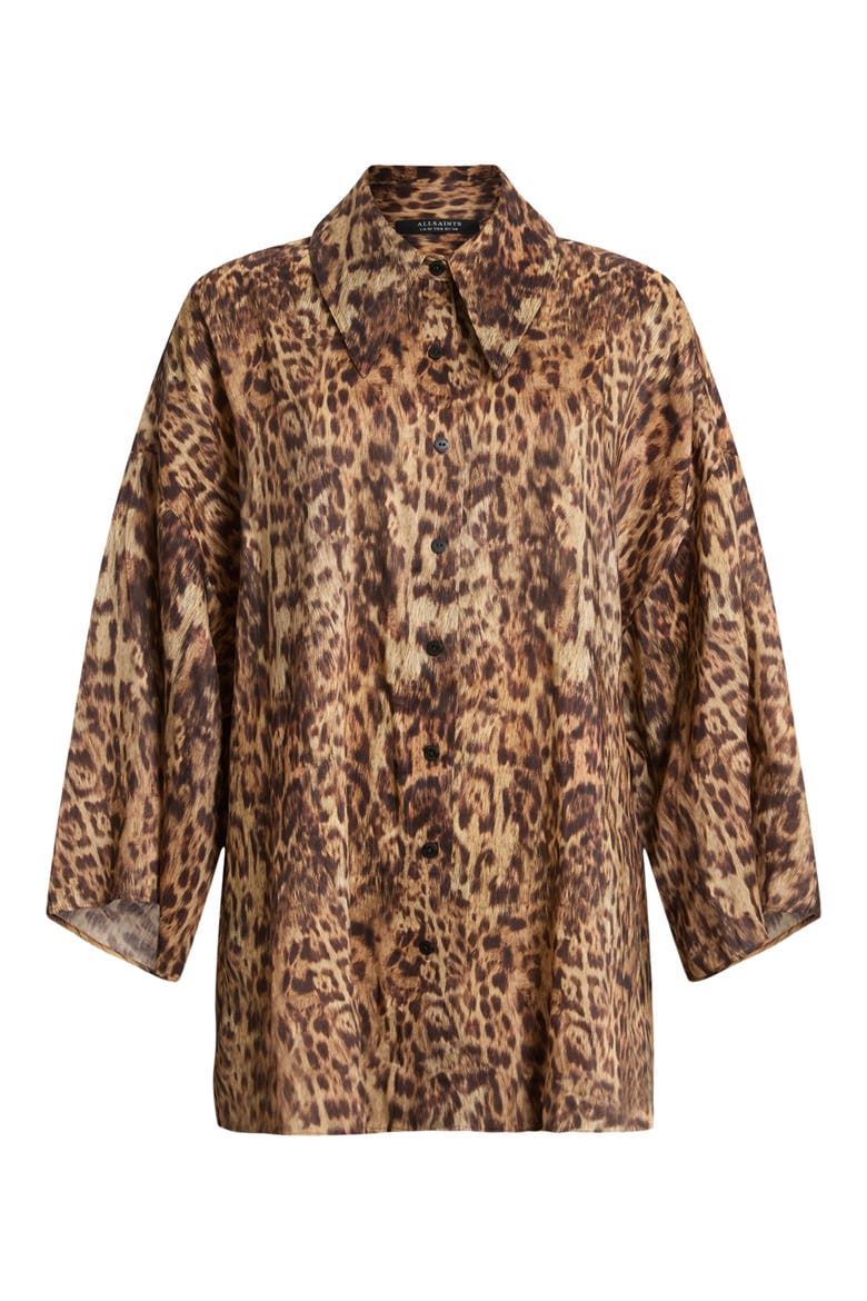 Charli Leopard Print Linen & Silk Button-Up Shirt, Alternate, color, EVIA GOLDEN BROWN