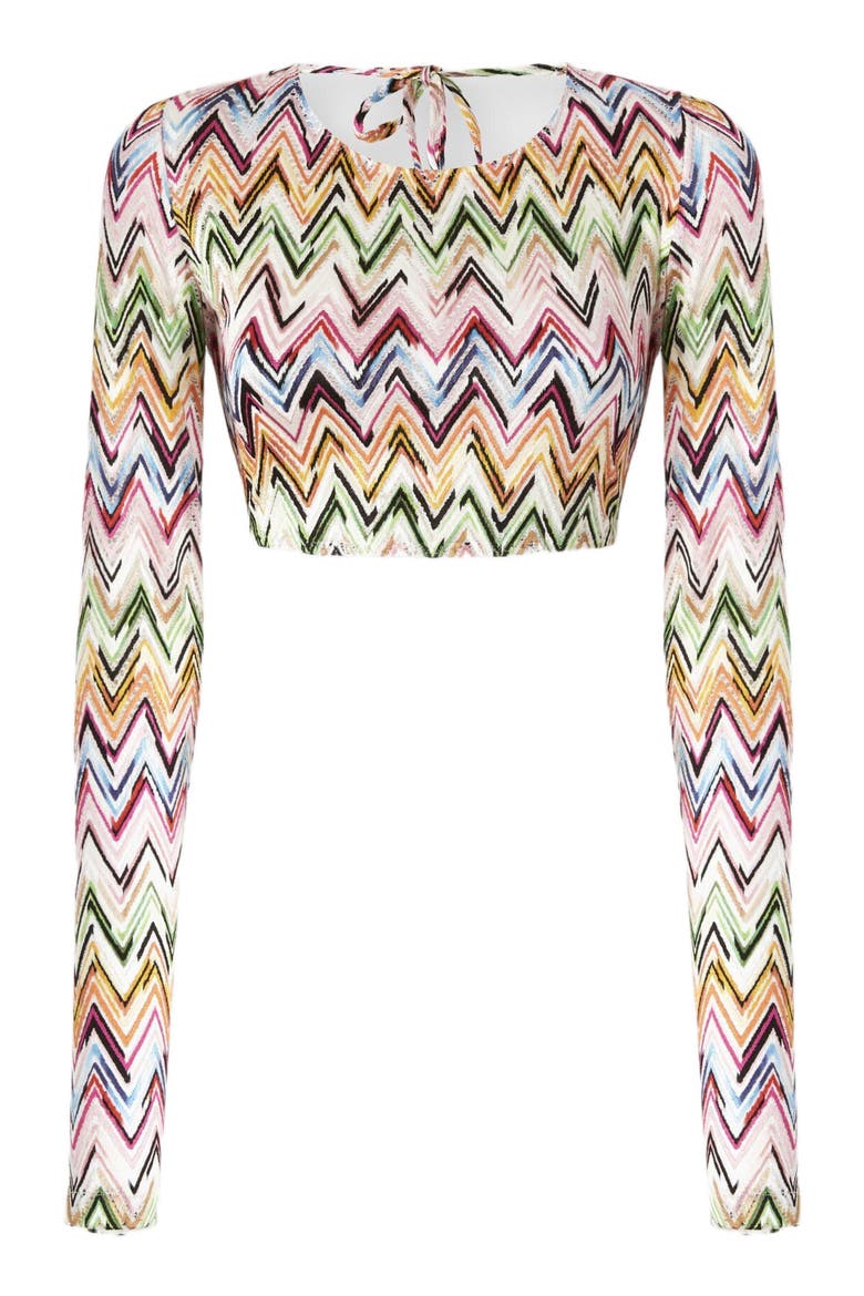 Crop Top In Stretch Viscose With Lace And Zigzag Motif, Alternate, color, Multicoloured