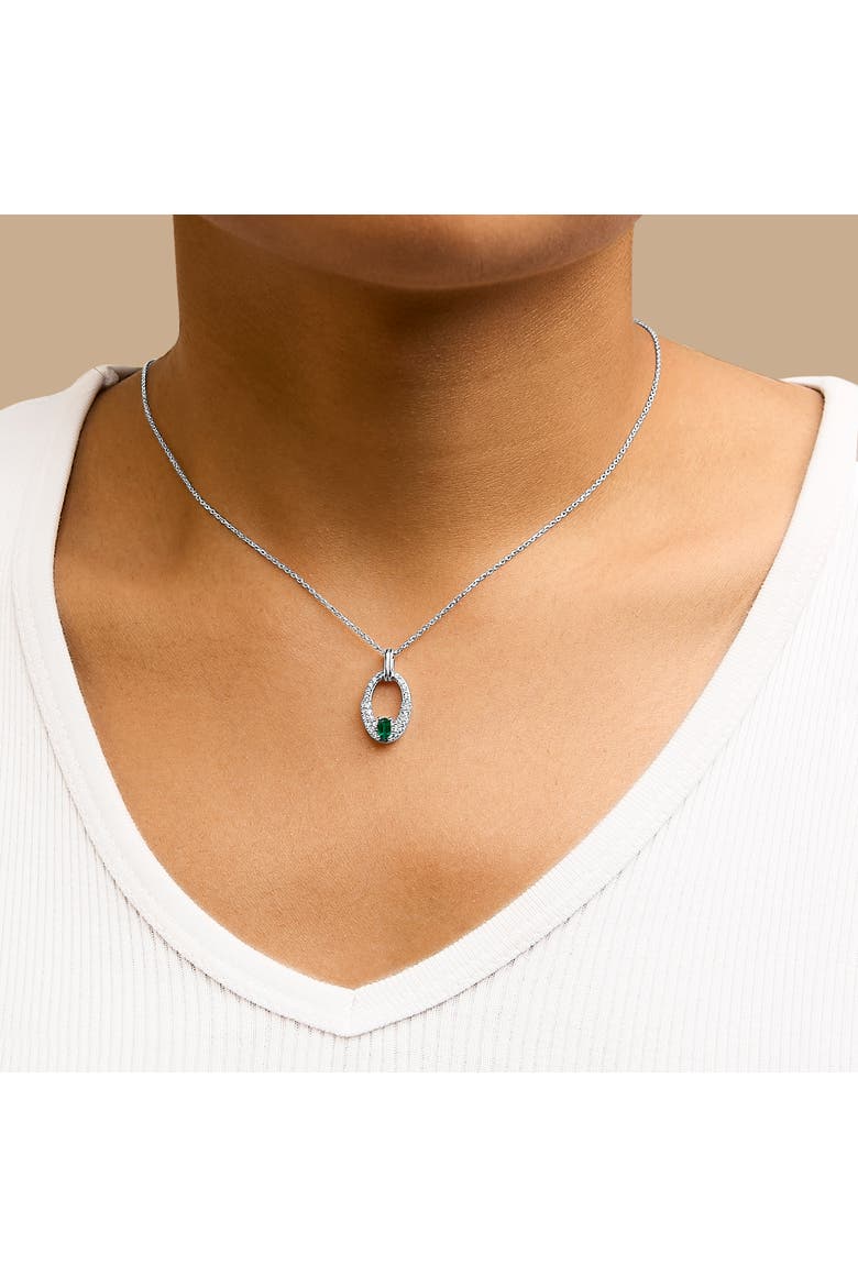 Silver Created Green Emerald and White Sapphire Oval Shaped Pendant Necklace, Alternate, color, White