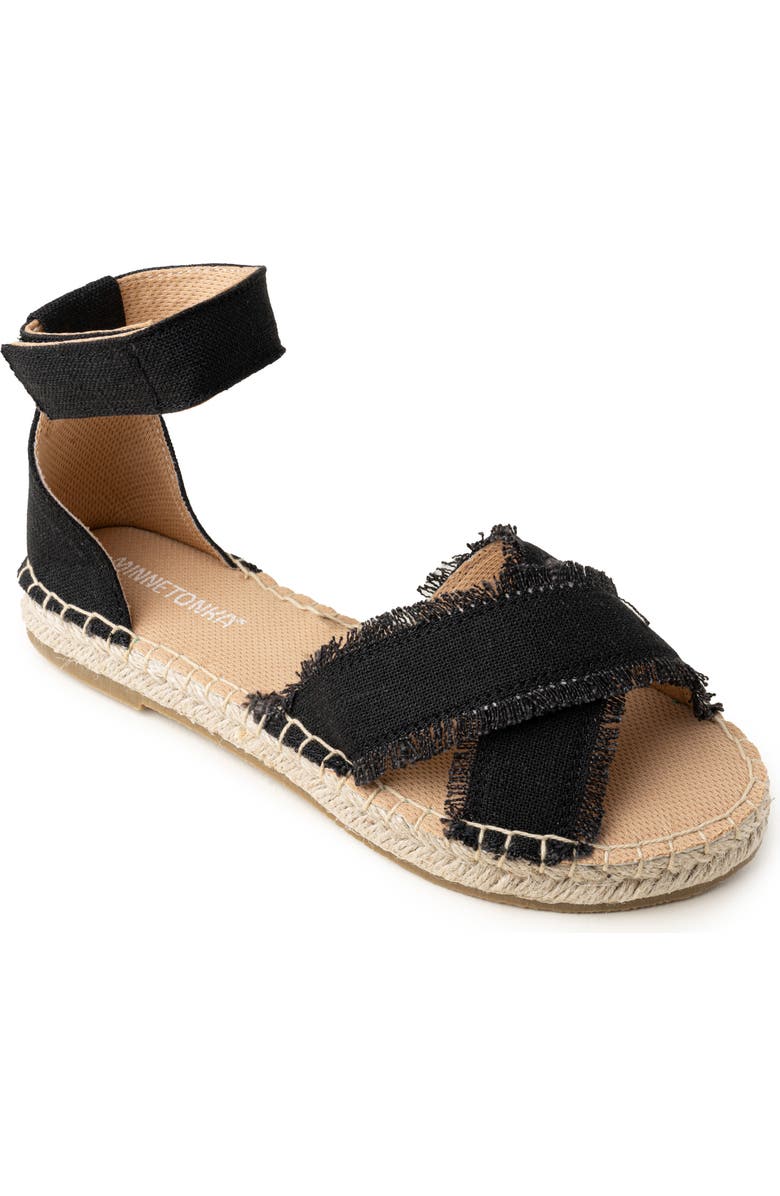 Minnetonka Pemma Ankle Strap Sandal, Main, color, Black Linen