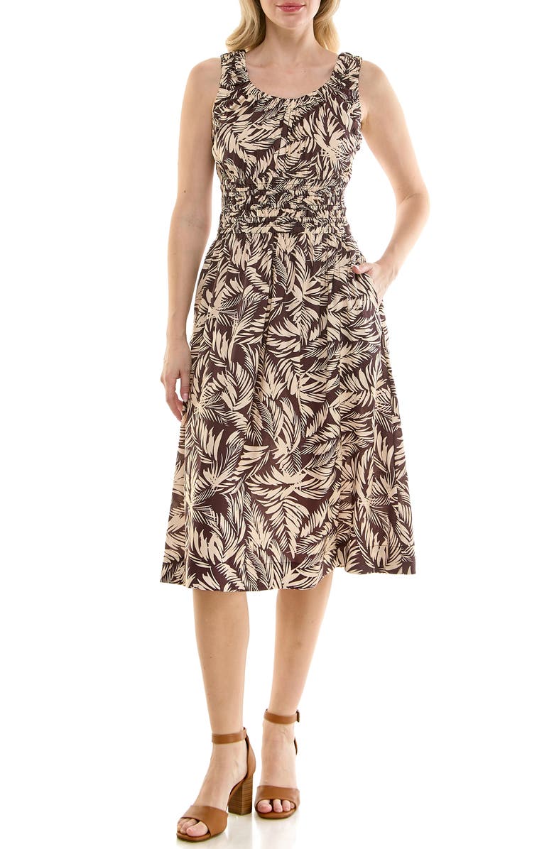 Nicole Miller Painted Palms Smocked Tank Dress, Main, color, Painted Palms Coffee Bean