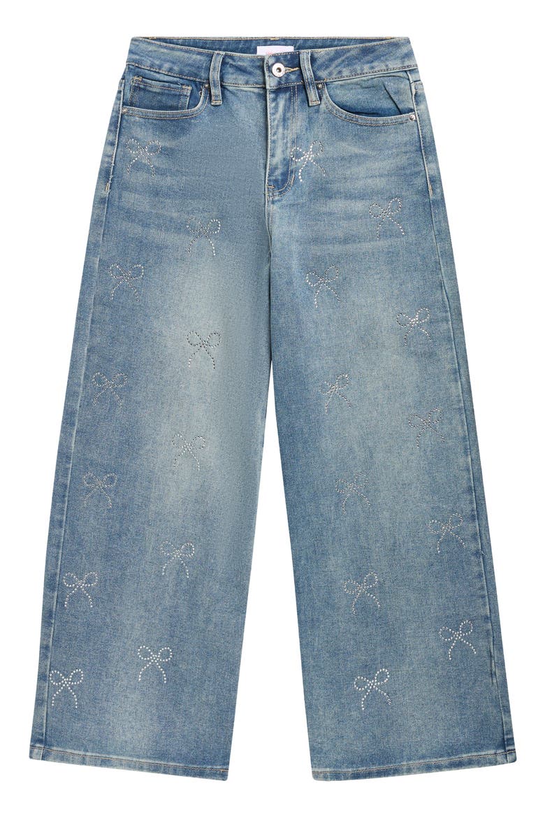 Kids' Bow Rhinestone Wide Leg Jeans, Main, color, LIGHT BLUE