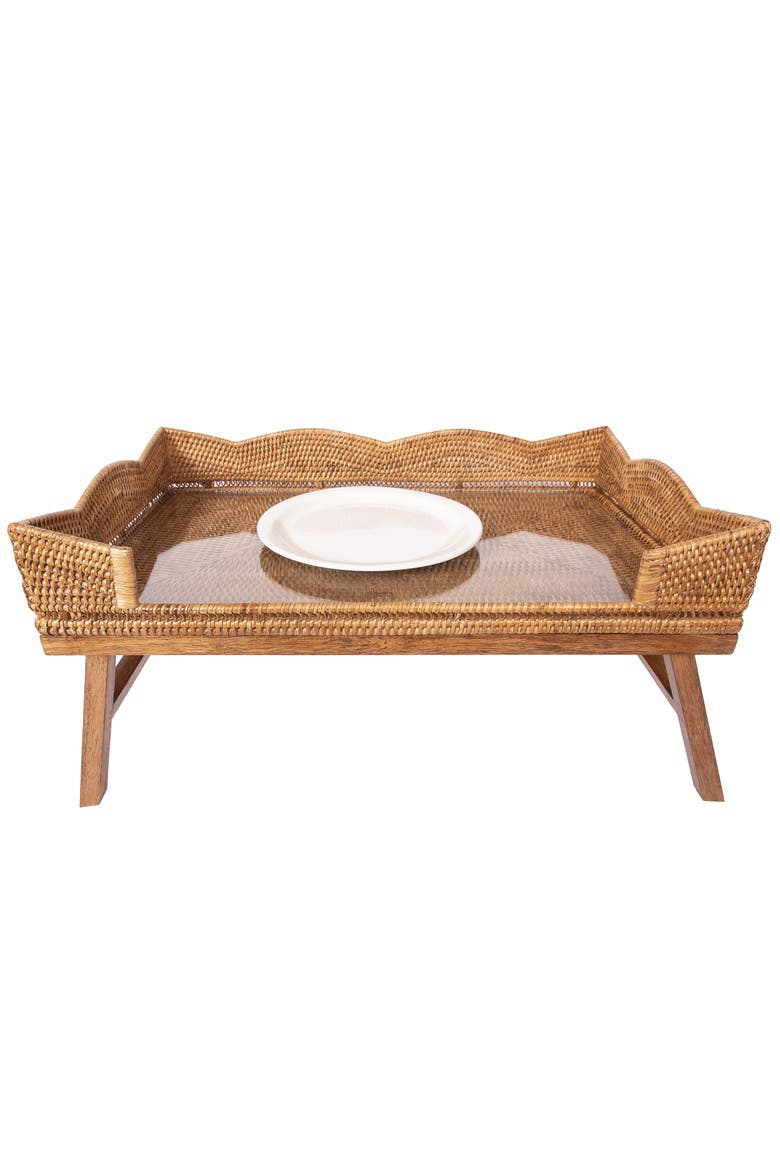 Artifacts Rattan Scallop Design Breakfast Tray with Wooden Legs & Glass Insert, Alternate, color, Honey Brown