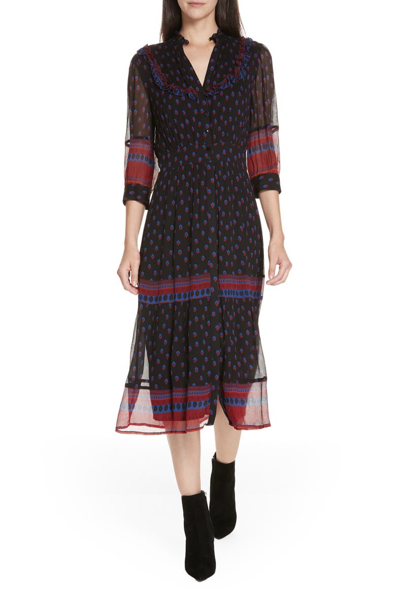 Barie Ruffle Print Midi Dress, Main, color, BLACK