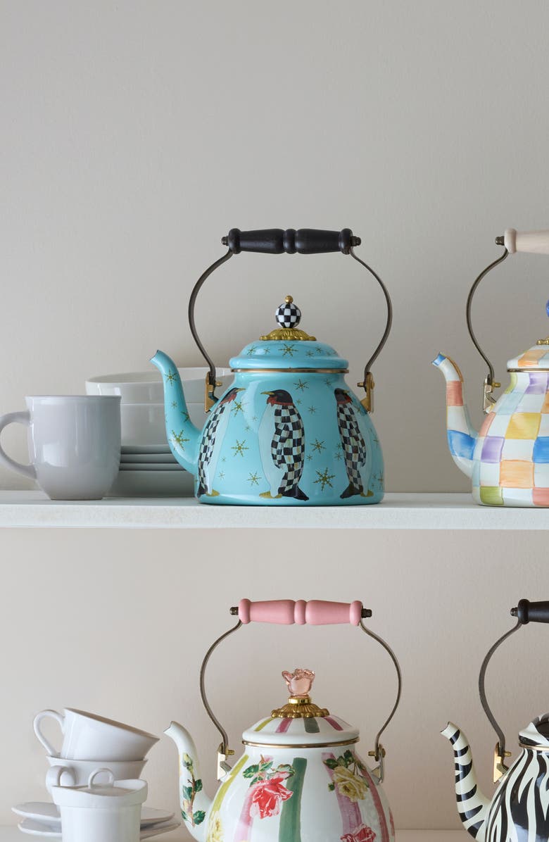 MACKENZIE CHILDS Penguin Parade Enameled Steel 2-Quart Tea Kettle, Alternate, color, Blue