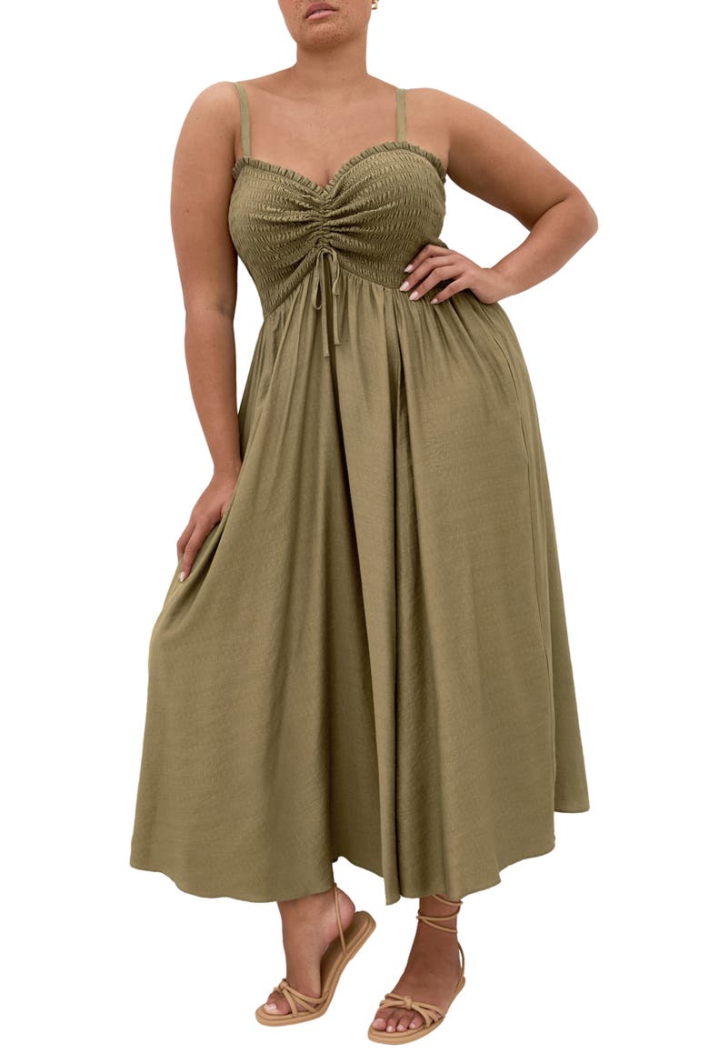 Maui Smocked Maxi Sundress, Main, color, KHAKI