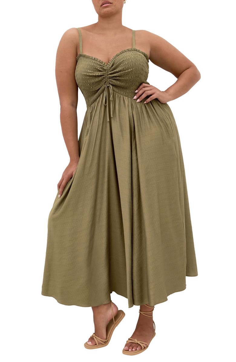 City Chic Maui Smocked Maxi Sundress, Main, color, Khaki