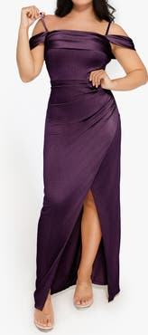 Popilush Liquid Metallic Fabric Off Shoulder Shine Ruched Sculpting Maxi Shapewear Dress