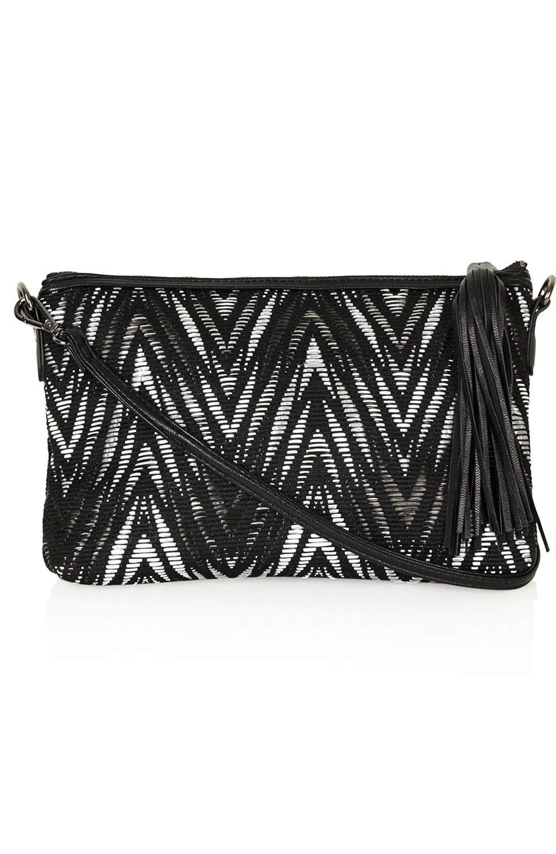 Tasseled Straw Clutch, Main, color, BLACK