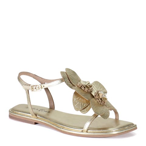 PER SHING Leather Floral Flat Dress Sandal