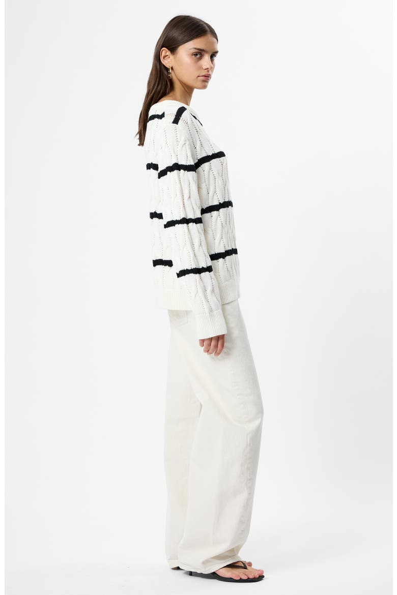 Mozart Stripe Cable Stitch Cotton Boat Neck Sweater, Alternate, color, PORCELAIN CREAM-BLACK