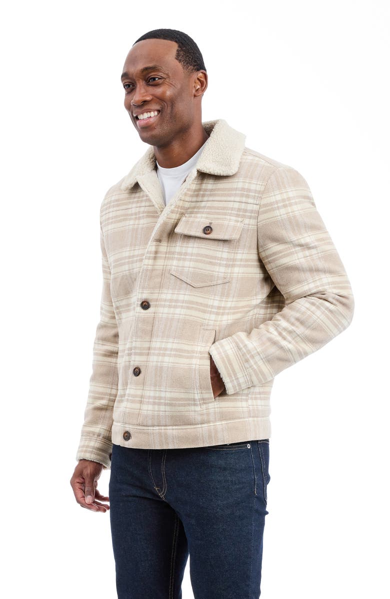 Lucky Brand Plaid Faux Shearling Lined Trucker Jacket, Alternate, color, Beige Plaid