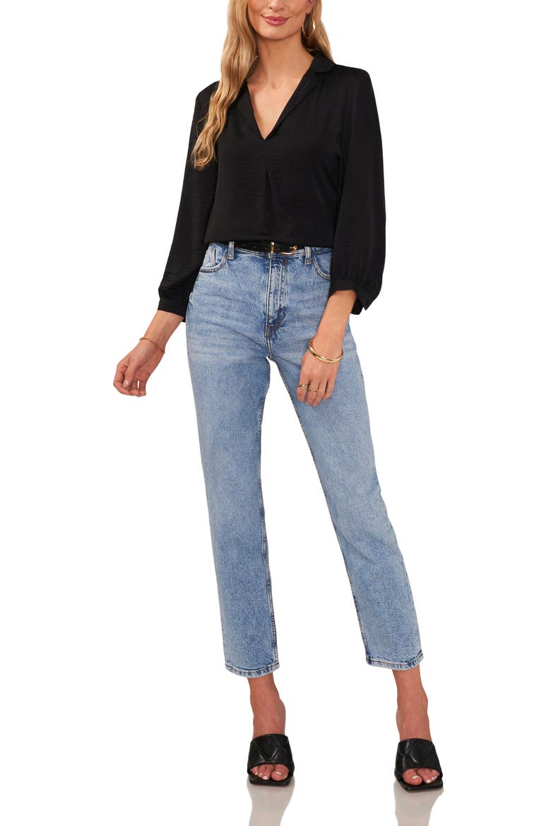 Pleat Front Satin Shirt, Alternate, color, RICH BLACK
