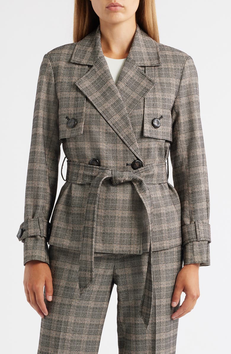 Anne Klein Plaid Belted Short Trench Coat, Main, color, Anne Black Multi