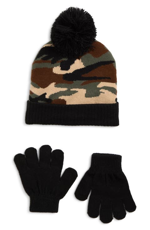 Kids' Camo Pompom Beanie & Gloves Set
