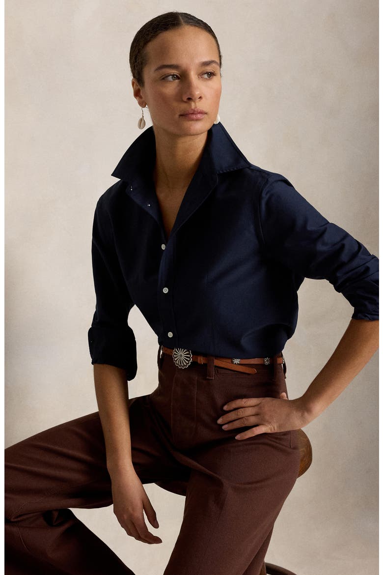 Relaxed Fit Cotton & Silk Button-Up Shirt, Alternate, color, HUNTER NAVY
