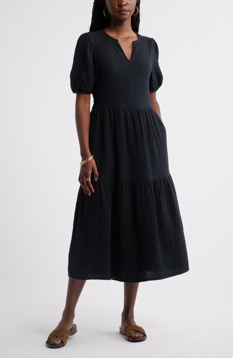 Caslon<sup>®</sup> Puff Sleeve Tiered Cotton Gauze Midi Dress, Main, color, Black
